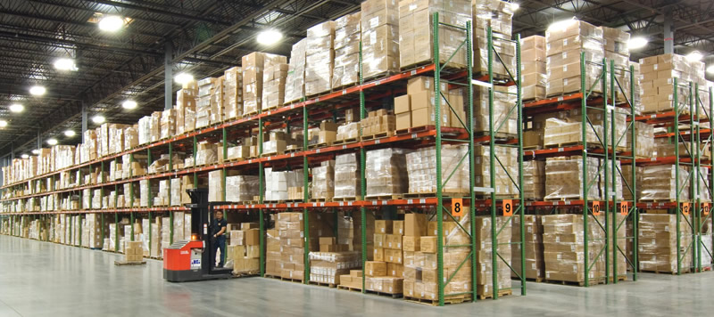 Industrial pallet racks loaded in a distribution warehouse