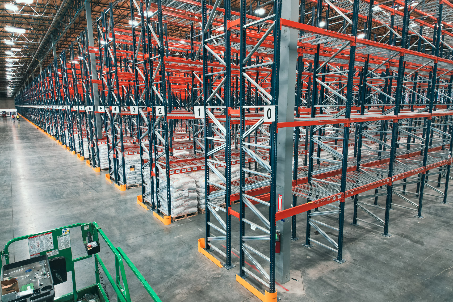Rows of new pallet rack in a distribution warehouse
